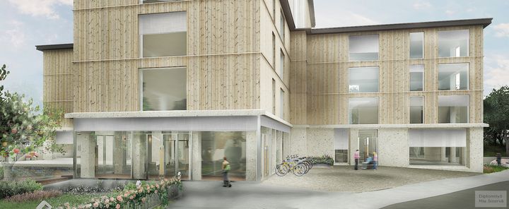 Aalto-yliopiston opiskelija Mia Sinervan havainnekuva Monkolan mahdollisesta sisäänkäynnistä tulevaisuudessa.