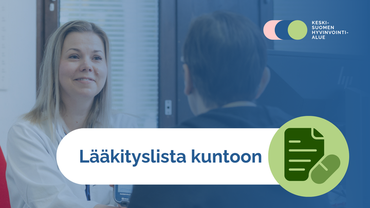 Lääkäri keskustelemassa potilaan kanssa, teksti "Lääkityslista kuntoon".