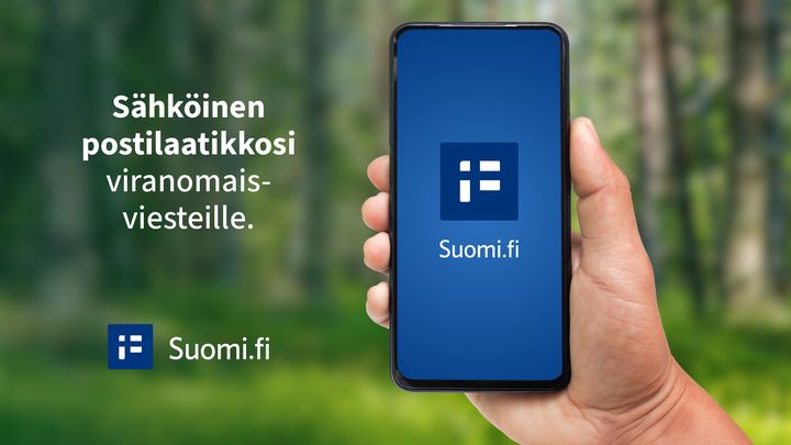 Puhelin, jossa Suomi.fi-sovelluksen logo.