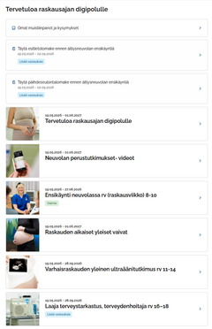 Näyttökuva verkkosivusta, jossa on lueteltuna raskausajan digipolun sisältöjä ja tehtäviä.