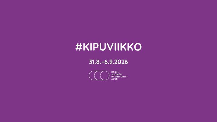 Violetti tausta, tekstinä "#KIPUVIIKKO 31.8.-6.9.2026". Alhaalla logo, jossa lukee "Keski-Suomen Hyvinvointialue".