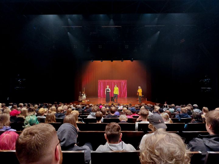 Salillinen nuoria katsomassa lavalla olevia esiintyjiä.