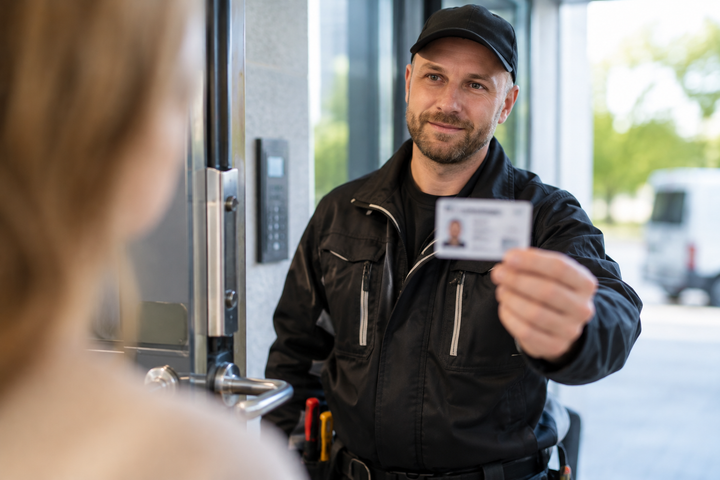 Havainnekuva turvasuojaajakorttia näyttävästä lukitus- ja turvalaiteasentajasta