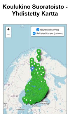 Karttanäkymä, joka näyttää Koulukino Suoratoisto -palvelun käytön Suomessa. Kartalla vihreät merkit kuvaavat elokuvanäytöksiä ja siniset merkit rekisteröityneitä käyttäjiä. Merkkejä näkyy tiheästi erityisesti Etelä- ja Keski-Suomessa, mutta myös pohjoiseen saakka ulottuen. Kartan yläreunassa on otsikko ja valintaruudut näytösten ja rekisteröityneiden näyttämiseksi.