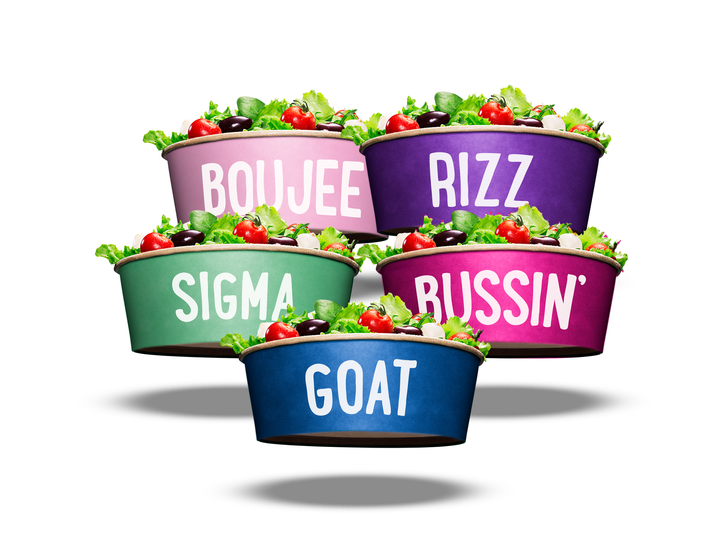 Viisi Picadelin salaattikulhoa, joissa termit: "Boujee", "Rizz", "Sigma", "Bussin'", "Goat".