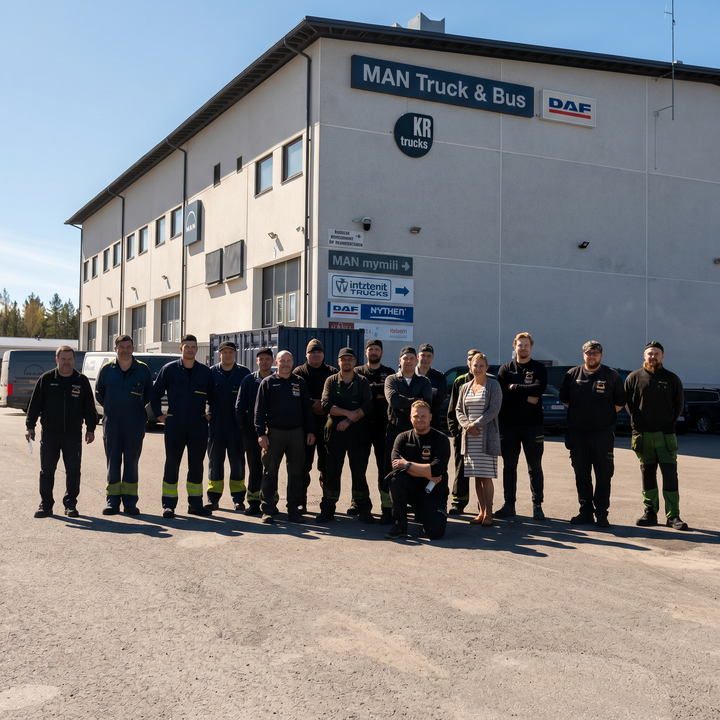 KR Trucks Oy:n henkilöstöä toimipisteen edustalla