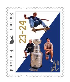 Postimerkki-suurennos, "Barkov Stanley Cup" -merkki, kuvassa vasemmalta oikealle Phil Pritchard, Marius Syvänen ja Aleksander Barkov, julkaisupäivä 12.04. 2025.