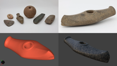 kollaasikuvassa 4 kuvaa. Ylärivillä valokuvat historiallisista museoesineistä, mm. vasarakirveestä. Alarivillä kirveen 3D-skannaus ja mallinnus.