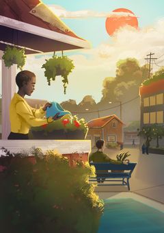 Piirroskuva, jossa henkilö kastelee kasveja parvekkeella vehreässä kaupunkimaisemassa.