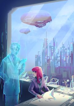 Piirroskuva, jossa kaksi henkilöä keskustelevat futuristisessa toimistossa. Toinen näyttää hologrammilta.