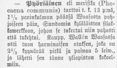 Uusi Suometar -sanomalehdessä mainittiin pyöriäishavainto Pohjanmaalta Vaasan läheltä. Havainto tehtiin 13. toukokuuta 1884.