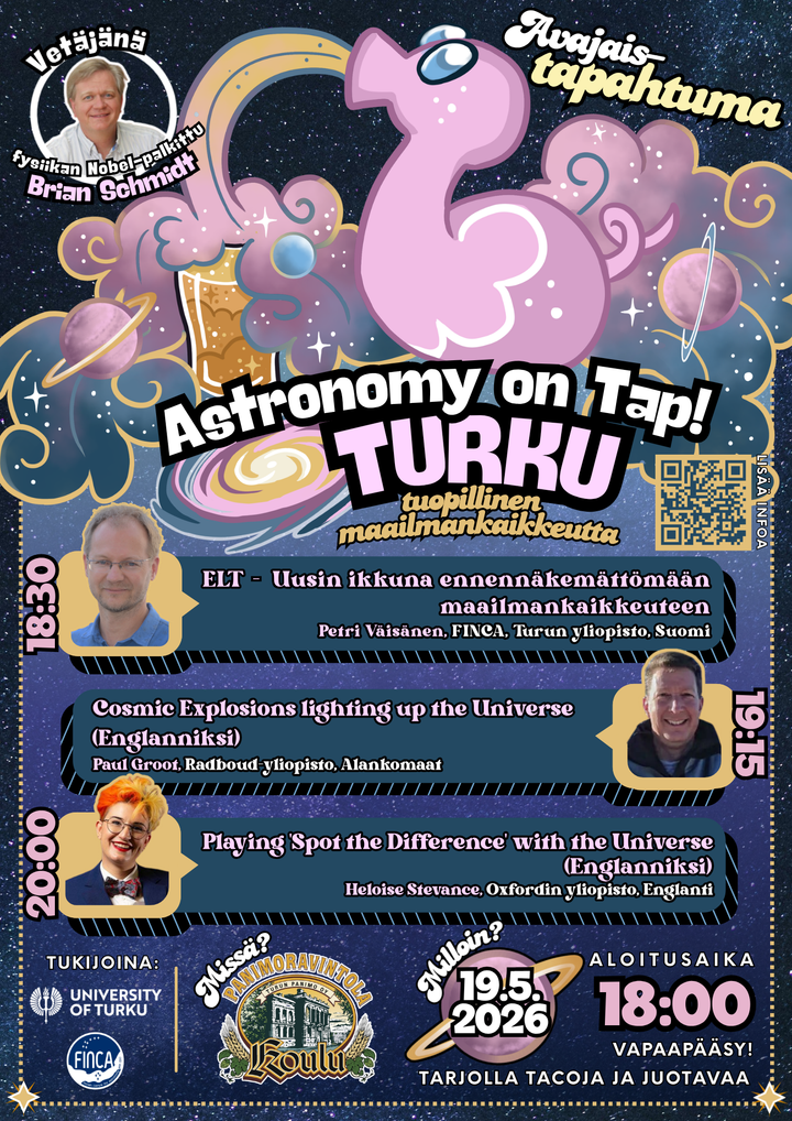 Astronomy on Tap -tapahtuman juliste, jossa on puhujien valokuvat, puheenvuorojen otsikot ja graafinen kuva Turun kuuluisasta taideteoksesta Posankasta