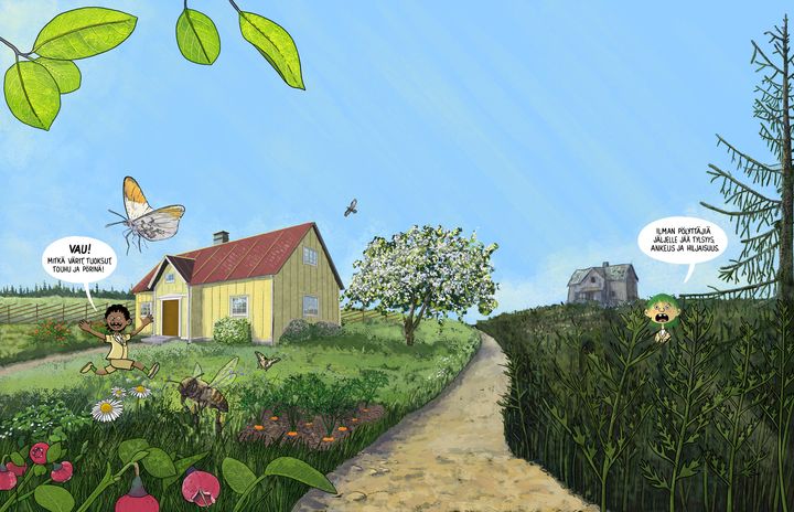 Kuvittaja Janne Torisevan piirtämä kuvituskuva, jossa kuvan vasemmalla puolella näkyy aurinkoisessa kesämaisemassa keltainen talo ja vehreä pihapiiri, kukkivia kukkia ja omenapuu, kasvimaa ja heinäpelto, leikkivä lapsi ja paljon pölyttäjiä. Kuvaa halkovan hiekkatien toisella puolella näkyy synkeä ja eloton maisema, jossa hahmon puhekuplassa lukee "Ilman pölyttäjiä jäljelle jää tylsyys, ankeus ja hiljaisuus".