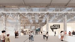 The open entrance area of the Museum Selma, expected to open in 2029: the character of the former industrial hall is retained, while timber construction elements complement the interior. Over a total area of 10,000 square meters, the history of Germany will be retold as a history of migration.