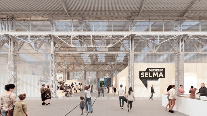 The open entrance area of the Museum Selma, expected to open in 2029: the character of the former industrial hall is retained, while timber construction elements complement the interior. Over a total area of 10,000 square meters, the history of Germany will be retold as a history of migration.