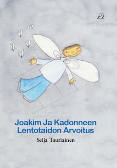 Piirroshahmo lentää sininen paita päällä, taustalla valkoisia sydämiä.