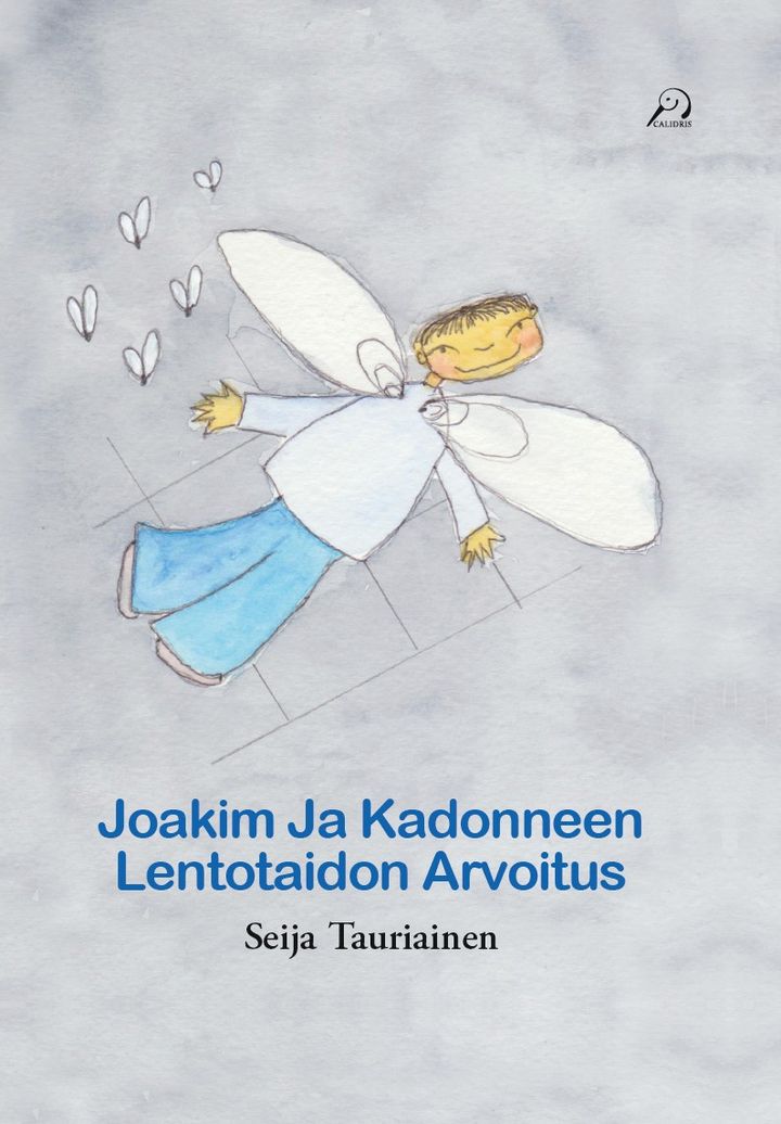 Piirroshahmo lentää sininen paita päällä, taustalla valkoisia sydämiä.