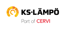 Logo, jossa lukee "KS-LÄMPÖ" ja sen alla "Part of CERVI." Vasemmalla on keltainen ja oranssi pyöreä kuvio.