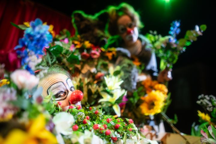 Kuvassa kaksi klovnia. Toinen hautautuu kukkamereen ja toinen lymyilee suden kanssa taustalla.