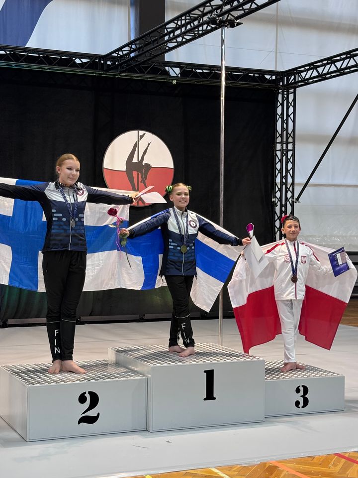 Nella Laanniemi (vas.) ja Vuokko Kuikka (oik.) voittivat hopeaa ja kultaa tankotanssin Euroopan mestaruuskilpailuissa Puolassa.