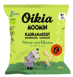 Oikia Moomin Luomukauranaksu herne-porkkana.