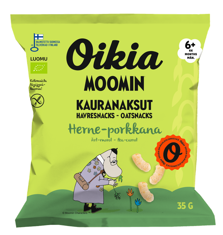 Oikia Moomin Luomukauranaksu herne-porkkana.