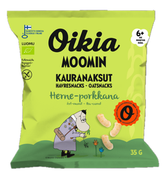Oikia Moomin Luomukauranaksu herne-porkkana.