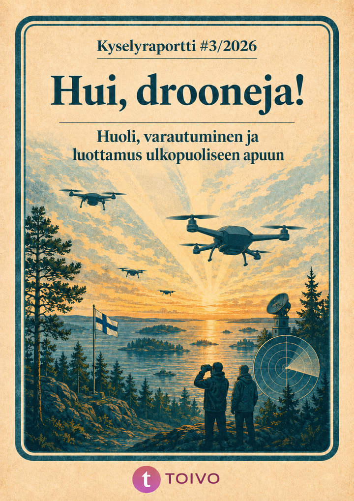 Ajatuspaja Toivon tuoreen Hui, Drooneja! -kyselyraportin kansi. Kuva tehty tekoälyllä.