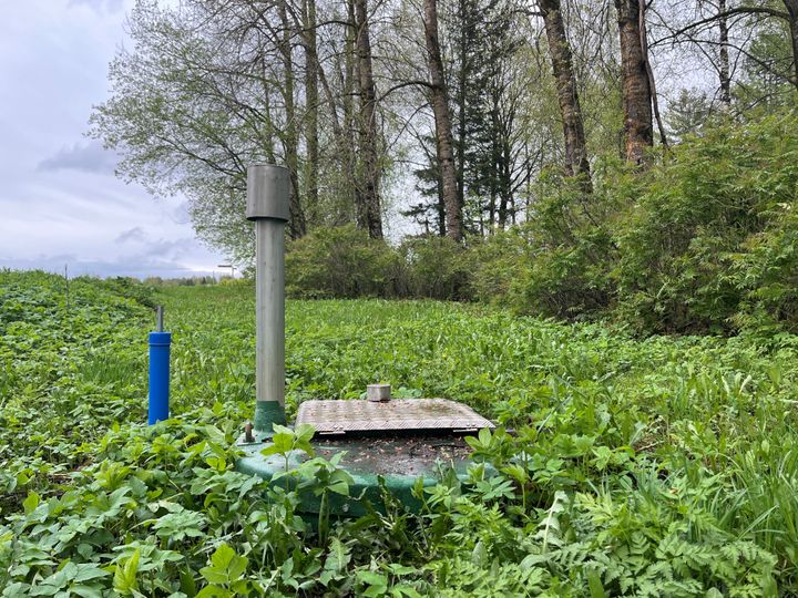 Pieni pumppaamo nurmikolla metsäisellä alueella, jossa taustalla puita.