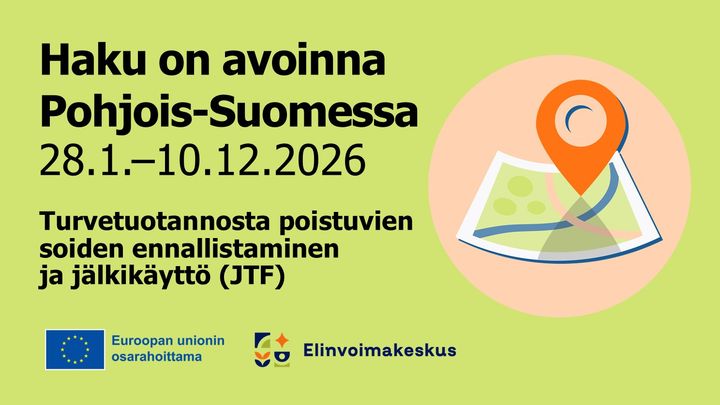 Haku on avoinna Pohjois-Suomessa, Euroopan unionin ja elinvoimakeskuksen logot.