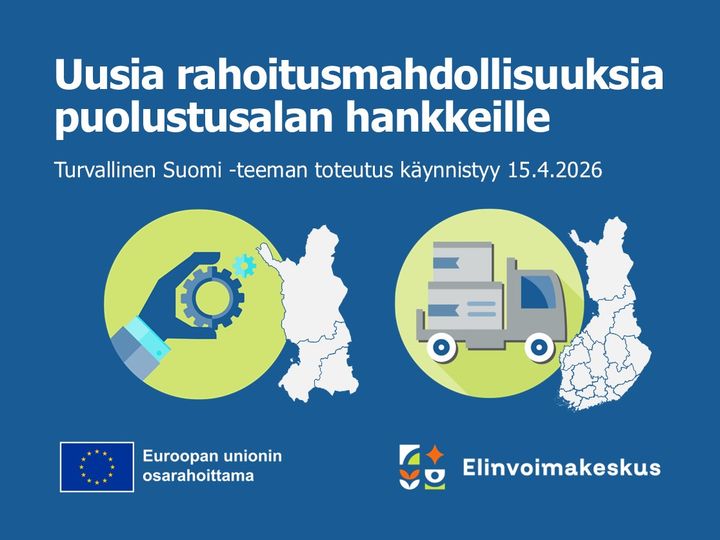 Rakennerahastojen ilmoituskuvassa tekstiä, Euroopan unionin ja elinvoimakeskuksen logot.