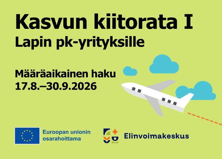 Kasvun kiitorata -ilmoituskuva, Euroopan unionin osarahoittama ja elinvoimakeskus -logot.