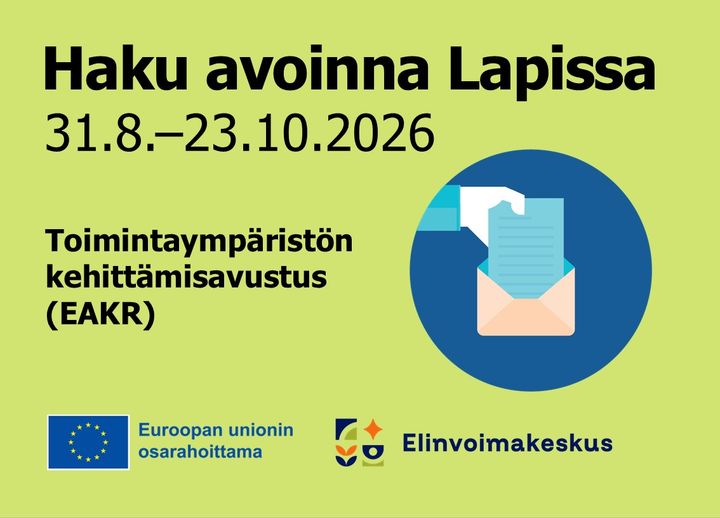 Hakuilmoituskuvan tekstissä haun perustiedot sekä elinvoimakeskuksen ja Euroopan unionin osarahoittama -logot.