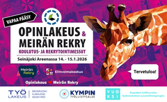 Opinlakeus & Meirän rerky koulutus- ja rekrytointimessut Seinäjoki Areenassa 14.-15.1.2026. Vapaa pääsy. Kirahvi toteaa: "Tervetuloa!". Opinlakeus sydän Meirän Rekry. Logot Opinlakeus, Meirän Rekry, Elinvoimakeskus, TyöLakeus (Seinäjoki, Ilmajoki, Isokyrö), Kympin työllisyysalue ja Vuoksi / Suupohjan työllisyysalue.