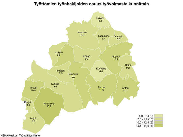 Etelä-Pohjanmaan kartta, josta ilmenee työttömien työnhakijoiden osuudet kunnittain. Kartta on värikoodattu vaaleasta vihreästä tummempaan vihreän sävyyn riippuen, kuinka iso työttömien työnhakijoiden osuus on alueella. Alueet jakaantuvat asteikossa: 5,0–7,4 (2), 7,5–9,9 (10), 10,0–12,4 (5) ja 12,5–14.9 (1). Työttömien työnhakijoiden osuudet kunnittain olivat Evijärvi 6,3 %, Kauhava 8,9 %, Lappajärvi 9,4 %, Vimpeli 8,3 %, Isokyrö 7,7 %, Lapua 9,3 %, Alajärvi 11,9 %, Ilmajoki 7,5 %, Seinäjoki 10,0 %, Kuortane 6,8 %, Soini 9,2 %, Teuva 10,8 %, Kurikka 9,6 %, Alavus 11,6 %, Karijoki 9,8 %, Ähtäri 11,1 %, Kauhajoki 13,2 % ja Isojoki 9,0 %. KEHA-keskus, Työnvälitystilasto.