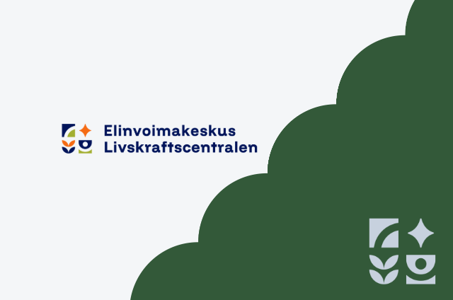 Logo, jossa lukee "Elinvoimakeskus Livskraftscentralen" sekä graafisia elementtejä ja vihreä tausta.