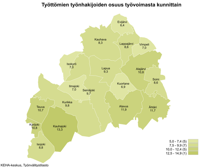 Etelä-Pohjanmaan kartta, josta ilmenee työttömien työnhakijoiden osuudet kunnittain. Kartta on värikoodattu vaaleasta vihreästä tummempaan vihreän sävyyn riippuen, kuinka iso työttömien työnhakijoiden osuus on alueella. Alueet jakaantuvat asteikossa: 5,0–7,4 (5), 7,5–9,9 (7), 10,0–12,4 (5) ja 12,5–14.9 (1). Työttömien työnhakijoiden osuudet kunnittain olivat Evijärvi 6,4 %, Kauhava 8,3 %, Lappajärvi 8,6 %, Vimpeli 7,0 %, Isokyrö 7,0 %, Lapua 9,3 %, Alajärvi 10,8 %, Ilmajoki 7,0 %, Seinäjoki 9,7 %, Kuortane 6,9 %, Soini 8,6 %, Teuva 10,7 %, Kurikka 9,8 %, Alavus 11,9 %, Karijoki 10,8 %, Ähtäri 11,7 %, Kauhajoki 13,3 % ja Isojoki 8,8 %. KEHA-keskus, Työnvälitystilasto.