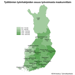 Työttömien työnhakijoiden osuus työvoimasta maakunnittain. Kartta on värikoodattu vaaleasta vihreästä tumman vihreään riippuen, kuinka iso työttömien työnhakijoiden osuus on alueella. Alueet jakaantuvat asteikossa: 5,0–7,4 (2), 7,5–9,9 (2), 10,0–12,4 (5), 12,5–14,9 (6) & 15,0–20,0 (4). Lappi 9,9 %, Pohjois-Pohjanmaa 13,2 %, Kainuu 11,8 %, Keski-Pohjanmaa 10,1 %, Pohjanmaa 7,4 %, Etelä-Pohjanmaa 9,8 %, Keski-Suomi 15,6 %, Pohjois-Savo 13,5 %, Pohjois-Karjala 15,4 %, Satakunta 11,9 %, Pirkanmaa 13,7 %, Etelä-Savo 13,0 %, Ahvenanmaa 5,6 %, Varsinais-Suomi 11,9 %, Kanta-Häme 11,7 %, Päijät-Häme 15,9 %, Uusimaa 12,5 %, Kymenlaakso 15,1 % ja Etelä-Karjala 14,5 %. KEHA-keskus, Työnvälitystilasto.