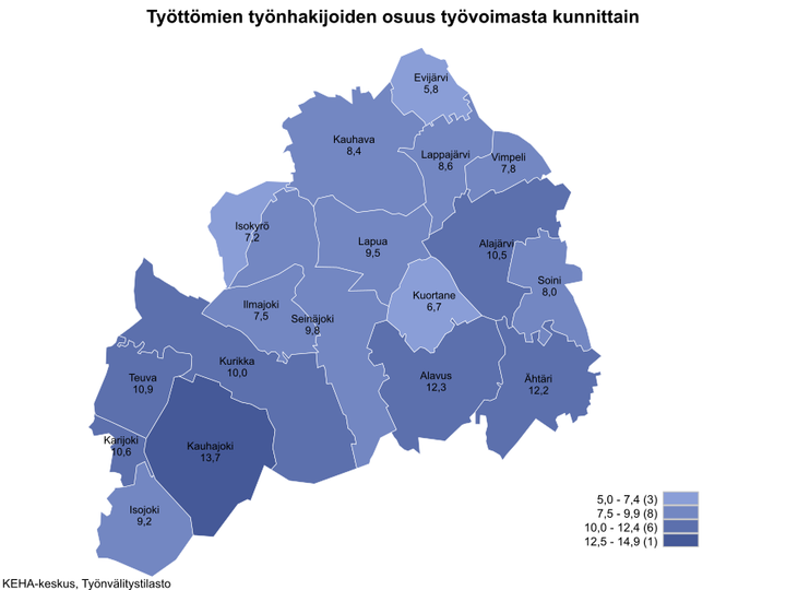 Etelä-Pohjanmaan kartta, josta ilmenee työttömien työnhakijoiden osuudet kunnittain. Kartta on värikoodattu vaaleasta sinisestä tummempaan sinisen sävyyn riippuen siitä, kuinka iso työttömien työnhakijoiden osuus on alueella. Alueet jakaantuvat asteikossa: 5,0–7,4 (3), 7,5–9,9 (8), 10,0–12,4 (6) ja 12,5–14.9 (1). Työttömien työnhakijoiden osuudet kunnittain olivat Evijärvi 5,8 %, Kauhava 8,4 %, Lappajärvi 8,6 %, Vimpeli 7,8 %, Isokyrö 7,2 %, Lapua 9,5 %, Alajärvi 10,5 %, Ilmajoki 7,5 %, Seinäjoki 9,8 %, Kuortane 6,7 %, Soini 8,0 %, Teuva 10,9 %, Kurikka 10,0 %, Alavus 12,3 %, Karijoki 10,6 %, Ähtäri 12,2 %, Kauhajoki 13,7 % ja Isojoki 9,2 %. KEHA-keskus, Työnvälitystilasto.