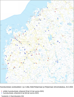 Karttakuva, jossa pohjalaismaakuntien huonokuntoiset sillat näkyvät.