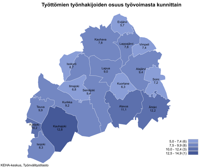 Etelä-Pohjanmaan kartta, josta ilmenee työttömien työnhakijoiden osuudet kunnittain. Kartta on värikoodattu vaaleasta sinisestä tummempaan sinisen sävyyn riippuen siitä, kuinka iso työttömien työnhakijoiden osuus on alueella. Alueet jakaantuvat asteikossa: 5,0–7,4 (6), 7,5–9,9 (8), 10,0–12,4 (3) ja 12,5–14.9 (1). Työttömien työnhakijoiden osuudet kunnittain olivat Evijärvi 5,7 %, Kauhava 7,8 %, Lappajärvi 7,8 %, Vimpeli 7,4 %, Isokyrö 6,7 %, Lapua 9,0 %, Alajärvi 9,4 %, Ilmajoki 6,8 %, Seinäjoki 9,4 %, Kuortane 6,3 %, Soini 7,2 %, Teuva 9,9 %, Kurikka 9,2 %, Alavus 11,1 %, Karijoki 10,2 %, Ähtäri 12,2 %, Kauhajoki 12,8 % ja Isojoki 8,3 %. KEHA-keskus, Työnvälitystilasto.