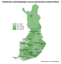 Työttömien työnhakijoiden osuus työvoimasta maakunnittain. Kartta on värikoodattu vaaleasta vihreästä tumman vihreään riippuen, kuinka iso työttömien työnhakijoiden osuus on alueella. Alueet jakaantuvat asteikossa: 5,0–7,4 (2), 7,5–9,9 (2), 10,0–12,4 (8), 12,5–14,9 (6) & 15,0–20,0 (1). Lappi 10,8 %, Pohjois-Pohjanmaa 12,6 %, Kainuu 11,2 %, Keski-Pohjanmaa 9,4 %, Pohjanmaa 6,8 %, Etelä-Pohjanmaa 8,7 %, Keski-Suomi 14,9 %, Pohjois-Savo 12,4 %, Pohjois-Karjala 14,8 %, Satakunta 11,6 %, Pirkanmaa 12,9 %, Etelä-Savo 12,3 %, Ahvenanmaa 5,3 %, Varsinais-Suomi 11,4 %, Kanta-Häme 11,0 %, Päijät-Häme 15,0 %, Uusimaa 12,2 %, Kymenlaakso 14,1 % ja Etelä-Karjala 13,7 %. KEHA-keskus, Työnvälitystilasto.