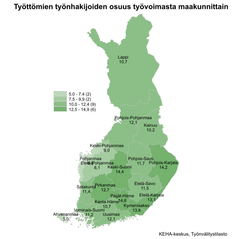 Työttömien työnhakijoiden osuus työvoimasta maakunnittain. Kartta on värikoodattu vaaleasta vihreästä tumman vihreään riippuen, kuinka iso työttömien työnhakijoiden osuus on alueella. Alueet jakaantuvat asteikossa: 5,0–7,4 (2), 7,5–9,9 (2), 10,0–12,4 (9) & 12,5–14,9 (6). Lappi 10,7 %, Pohjois-Pohjanmaa 12,1 %, Kainuu 10,2 %, Keski-Pohjanmaa 9,0 %, Pohjanmaa 6,6 %, Etelä-Pohjanmaa 8,1 %, Keski-Suomi 14,4 %, Pohjois-Savo 11,7 %, Pohjois-Karjala 14,2 %, Satakunta 11,4 %, Pirkanmaa 12,7 %, Etelä-Savo 11,5 %, Ahvenanmaa 5,0 %, Varsinais-Suomi 11,2 %, Kanta-Häme 10,7 %, Päijät-Häme 14,6 %, Uusimaa 12,1 %, Kymenlaakso 13,8 % ja Etelä-Karjala 13,1 %. KEHA-keskus, Työnvälitystilasto.