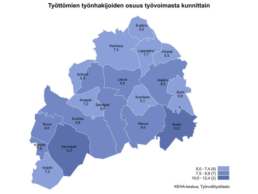 Maakunnan alhaisimmat työttömien työnhakijoiden osuudet olivat Evijärvellä (5,0 %), Kuortaneella (5,1 %), Isossakyrössä (6,3 %) ja Vimpelissä (6,5 %). Korkeimmat osuudet olivat Kauhajoella (12,4 %), Ähtärissä (10,2 %), Alavudella (9,6 %), Lapualla (9,5 %) ja Seinäjoella (9,5 %).