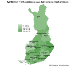 Työttömien työnhakijoiden osuus työvoimasta maakunnittain. Kartta on värikoodattu vaaleasta vihreästä tumman vihreään riippuen, kuinka iso työttömien työnhakijoiden osuus on alueella. Alueet jakaantuvat asteikossa: 5,0–7,4 (1), 7,5–9,9 (2), 10,0–12,4 (5), 12,5–14,9 (8) & 15,0–20,0 (3). Lappi 11,3 %, Pohjois-Pohjanmaa 13,5 %, Kainuu 11,9 %, Keski-Pohjanmaa 10,7 %, Pohjanmaa 8,2 %, Etelä-Pohjanmaa 9,3 %, Keski-Suomi 16,1 %, Pohjois-Savo 12,8 %, Pohjois-Karjala 16,1 %, Satakunta 12,5 %, Pirkanmaa 14,1 %, Etelä-Savo 11,8 %, Ahvenanmaa 5,4 %, Varsinais-Suomi 12,6 %, Kanta-Häme 12,2 %, Päijät-Häme 15,8 %, Uusimaa 13,5 %, Kymenlaakso 14,5 % ja Etelä-Karjala 14,7 %. KEHA-keskus, Työnvälitystilasto.