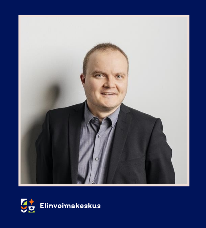 Profiilikuva Timo Takalasta sinisellä taustalla, jossa myös elinvoimakeskus-logo.