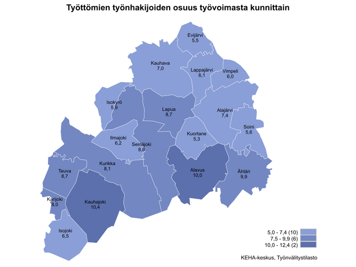 Etelä-Pohjanmaan kartta, josta ilmenee työttömien työnhakijoiden osuudet kunnittain. Kartta on värikoodattu vaaleasta sinisestä tummempaan sinisen sävyyn riippuen siitä, kuinka iso työttömien työnhakijoiden osuus on alueella. Alueet jakaantuvat asteikossa: 5,0–7,4 (10), 7,5–9,9 (6) & 10,0–12,4 (2). Työttömien työnhakijoiden osuudet kunnittain olivat Evijärvi 5,5 %, Kauhava 7,0 %, Lappajärvi 6,1 %, Vimpeli 6,0 %, Isokyrö 5,9 %, Lapua 8,7 %, Alajärvi 7,4 %, Ilmajoki 6,2 %, Seinäjoki 8,8 %, Kuortane 5,3 %, Soini 5,6 %, Teuva 8,7 %, Kurikka 8,1 %, Alavus 10,0 %, Karijoki 8,0 %, Ähtäri 9,9 %, Kauhajoki 10,4 % ja Isojoki 6,5 %. KEHA-keskus, Työnvälitystilasto.