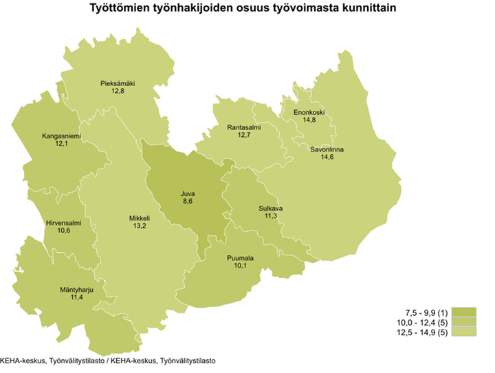 Työttömien työnhakijoiden osuus työvoimasta kunnittain, Etelä-Savo, joulukuu 2025