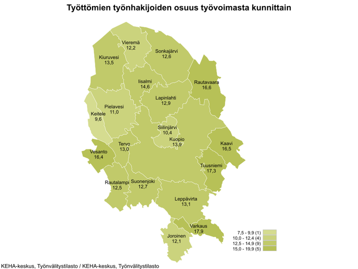 Työttömien työnhakijoiden osuus työvoimasta kunnittain, Pohjois-Savo, joulukuu 2025