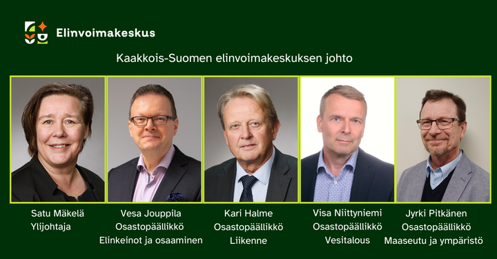 Viisi henkilöä vierekkäin, ylätekstinä "Kaakkois-Suomen elinvoimakeskuksen johto".